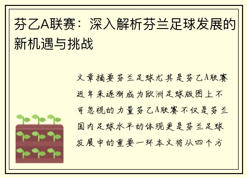 芬乙A联赛：深入解析芬兰足球发展的新机遇与挑战