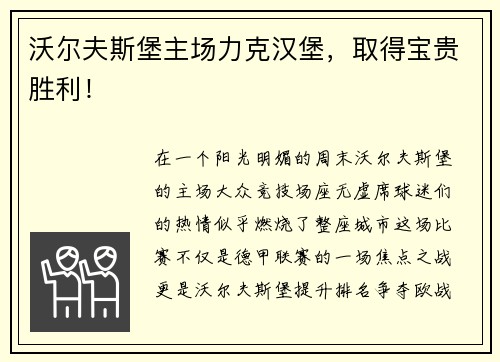 沃尔夫斯堡主场力克汉堡，取得宝贵胜利！
