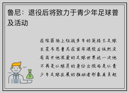 鲁尼：退役后将致力于青少年足球普及活动